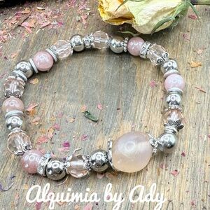 Strawberry quartz and moonstone silver bracelet